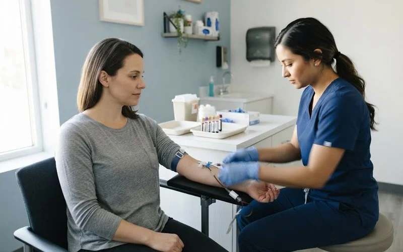 A lab technician drawing blood for testosterone therapy monitoring at a Florida clinic