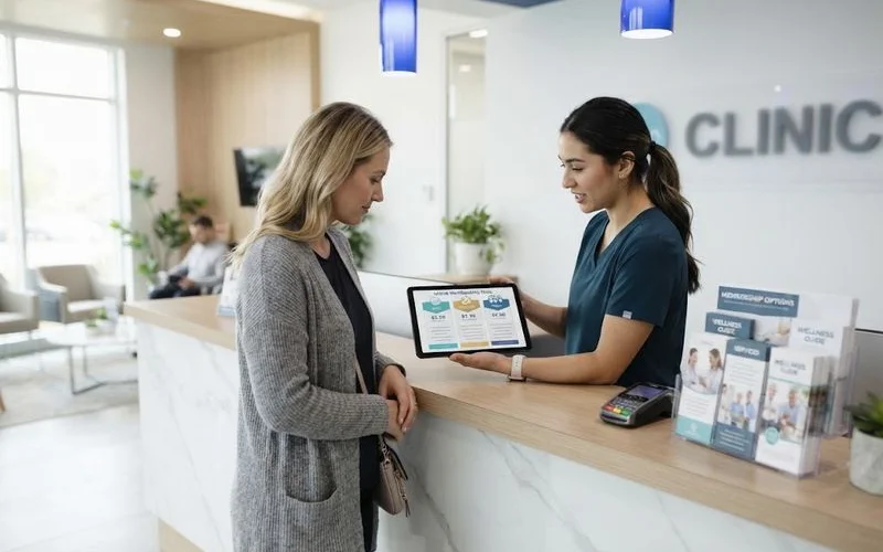 A patient reviewing membership pricing tiers and payment plan options at a Florida TRT clinic