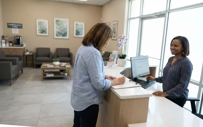 A patient filling out an intake form in a waiting room before a first TRT consultation