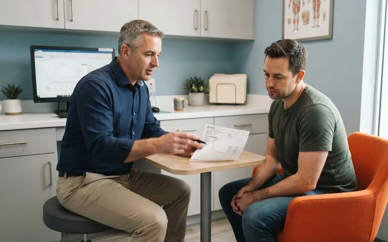 A physician reviewing bloodwork results with a patient during a testosterone therapy follow-up appointment