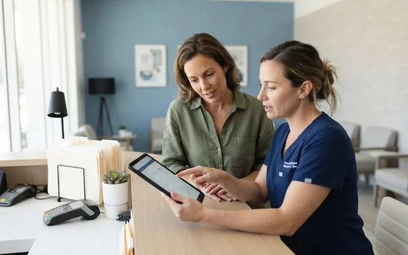 A patient reviewing an itemized treatment cost estimate on a clipboard during a consultation at a Florida medical spa