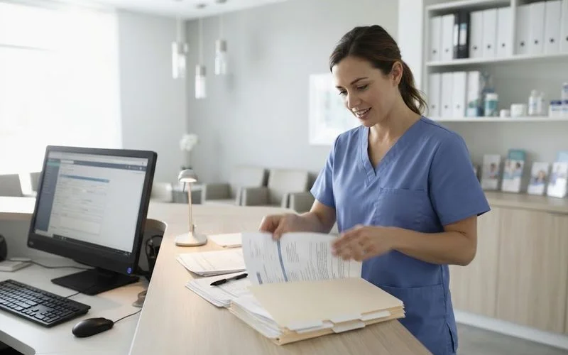 A patient handing over a folder of medical records while transferring care to a new TRT clinic